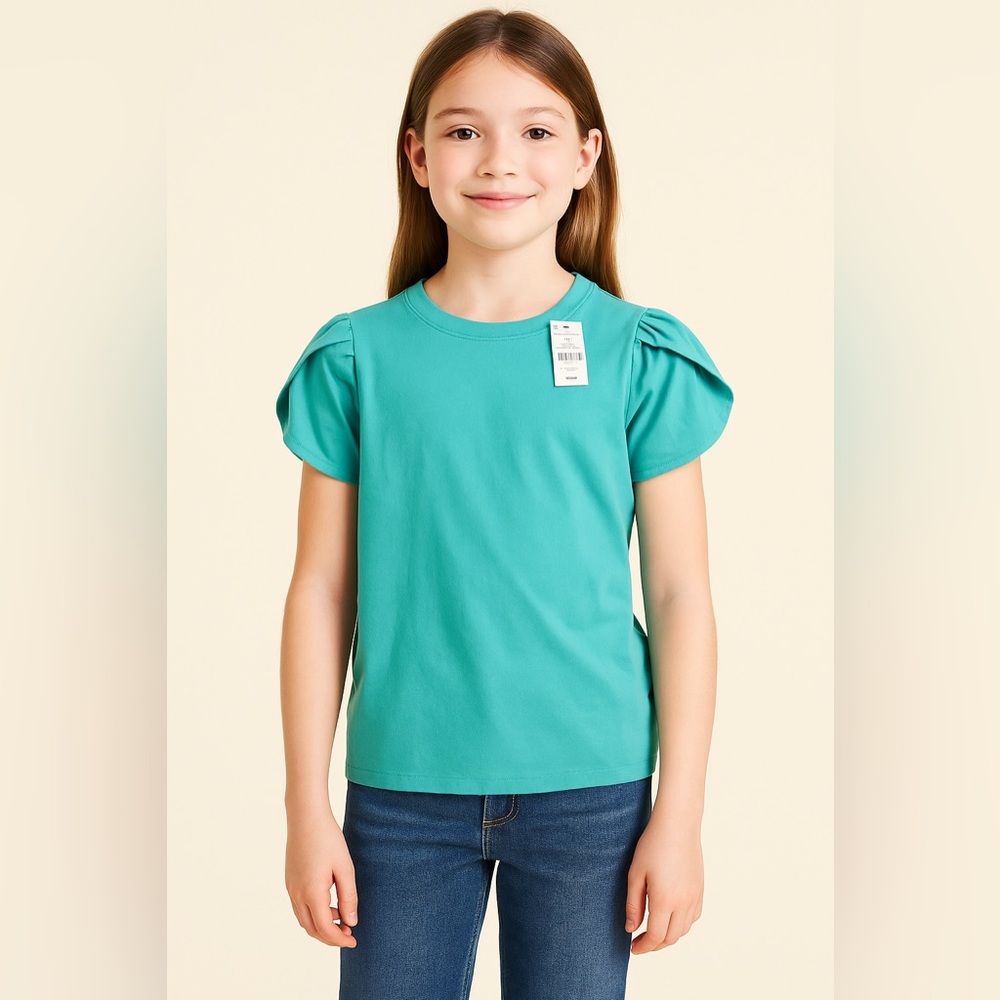 NWT J. Crew Girls' Teal Blue Green Feminine Tulip Split Sleeve tee Sz L (10-11)